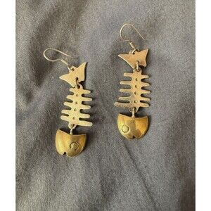 Vintage Signed Sterling Silver & Brass Fish Skeleton Drop Earrings 19 Grams